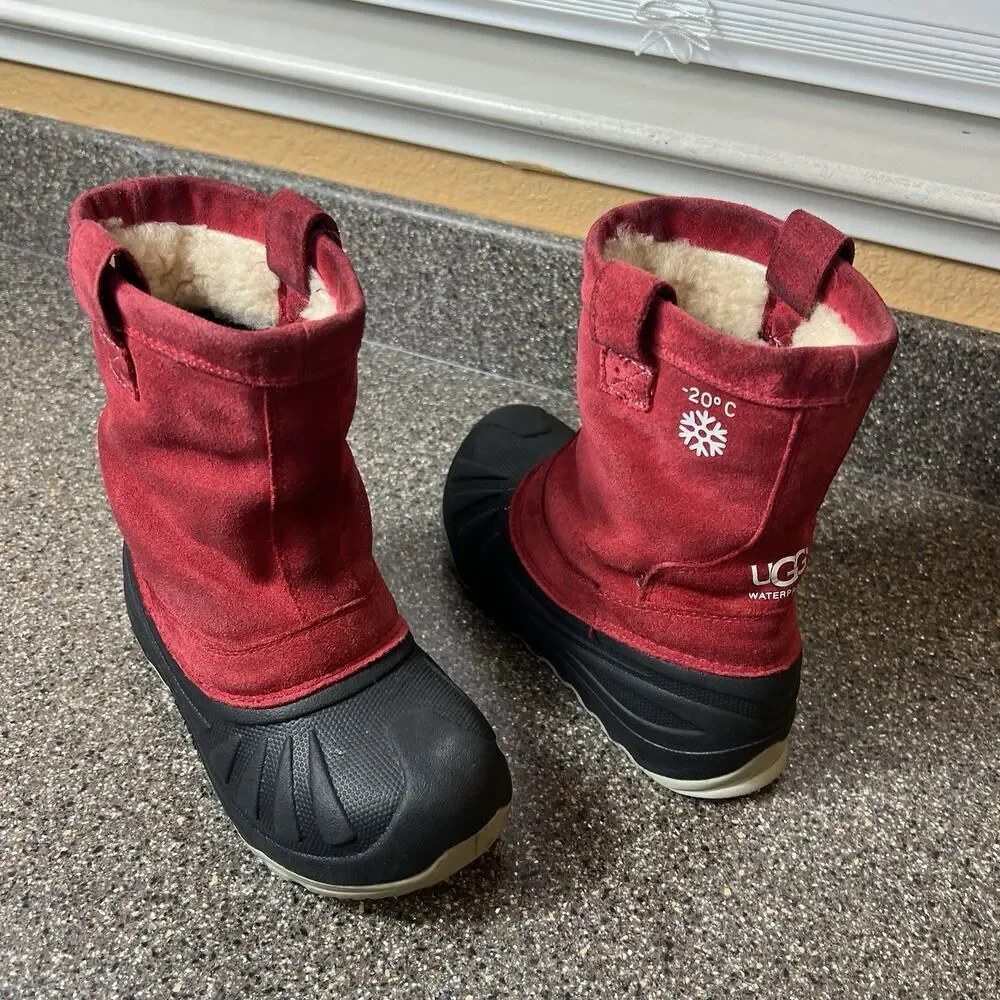 Ugg Waterproof Kids Junior 1 Red/Black Suede Insulated Winter Snow Boots Pull On